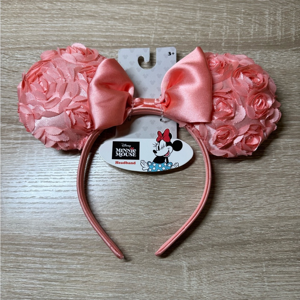 Disney Minnie Mouse Coral Pink Rose Ear Headband with Satin Bow